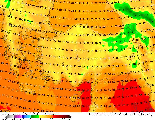 Temperature (2m) GFS 0.25 Út 24.09.2024 21 UTC