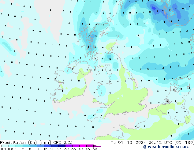 Z500/Rain (+SLP)/Z850 GFS 0.25 wto. 01.10.2024 12 UTC