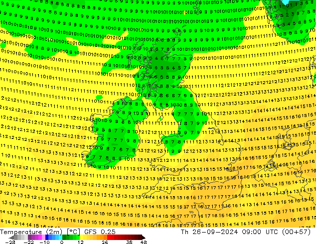 température (2m) GFS 0.25 jeu 26.09.2024 09 UTC