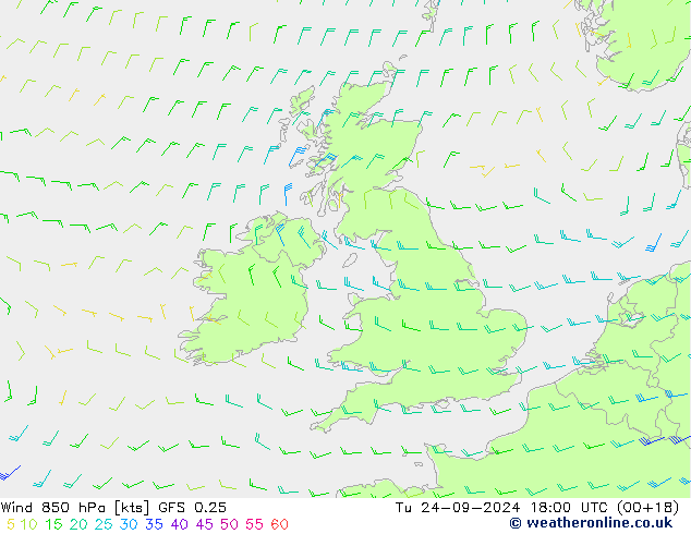 Wind 850 hPa GFS 0.25 Tu 24.09.2024 18 UTC