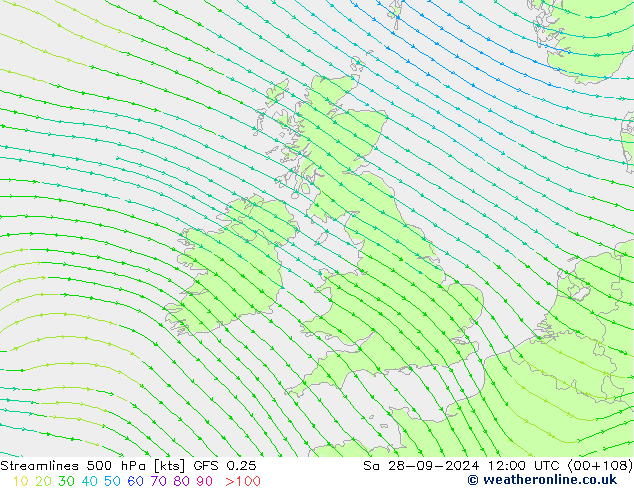 Linea di flusso 500 hPa GFS 0.25 sab 28.09.2024 12 UTC