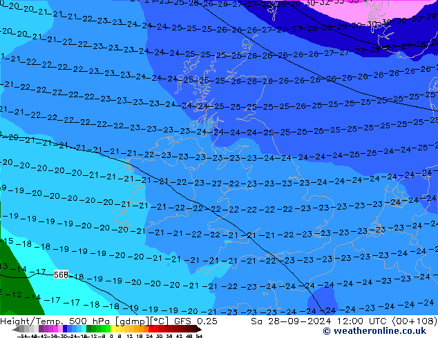 Z500/Rain (+SLP)/Z850 GFS 0.25 sam 28.09.2024 12 UTC