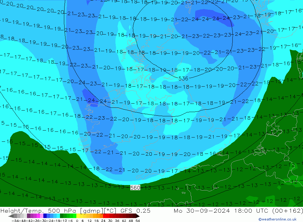 Z500/Rain (+SLP)/Z850 GFS 0.25 Mo 30.09.2024 18 UTC