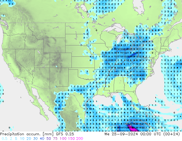 Precipitation accum. GFS 0.25 We 25.09.2024 00 UTC