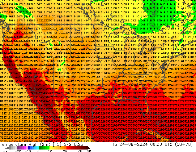 Temperature High (2m) GFS 0.25 Tu 24.09.2024 06 UTC