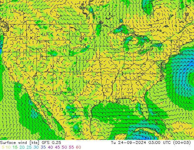 ветер 10 m GFS 0.25 вт 24.09.2024 03 UTC