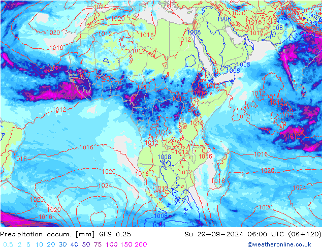 Precipitation accum. GFS 0.25  29.09.2024 06 UTC