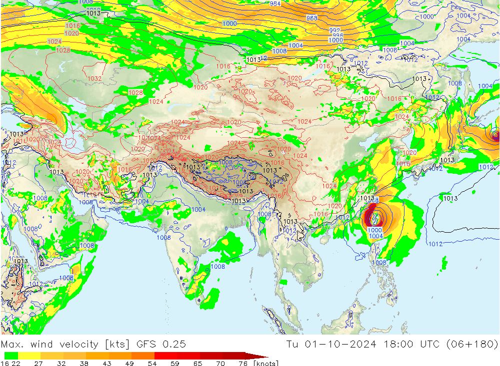 Max. wind velocity GFS 0.25 вт 01.10.2024 18 UTC