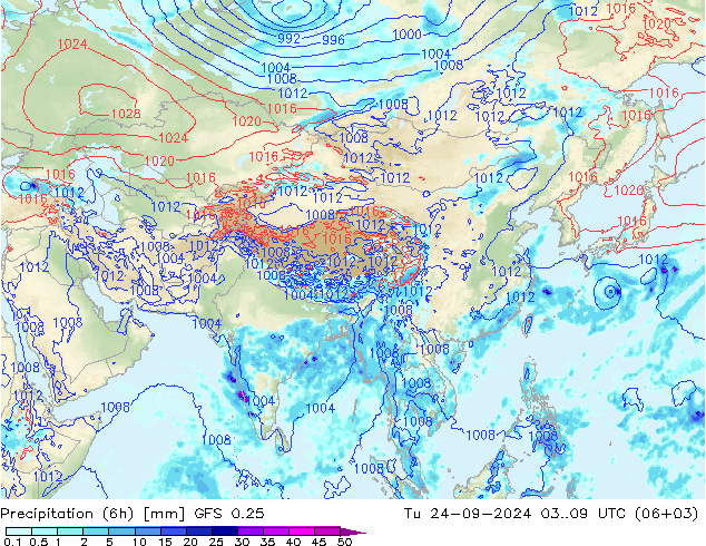 Z500/Rain (+SLP)/Z850 GFS 0.25  24.09.2024 09 UTC