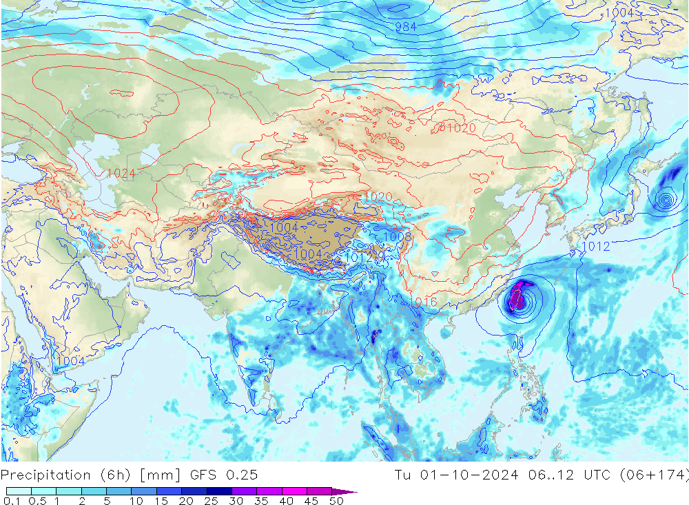 Totale neerslag (6h) GFS 0.25 di 01.10.2024 12 UTC