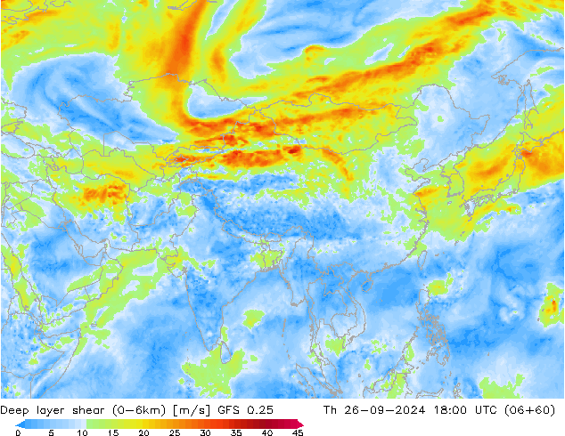 Deep layer shear (0-6km) GFS 0.25 jeu 26.09.2024 18 UTC