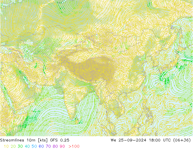 Streamlines 10m GFS 0.25 We 25.09.2024 18 UTC