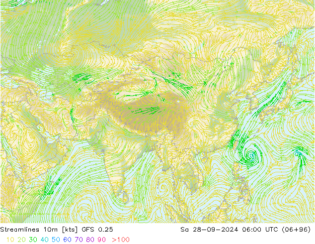 Ligne de courant 10m GFS 0.25 sam 28.09.2024 06 UTC