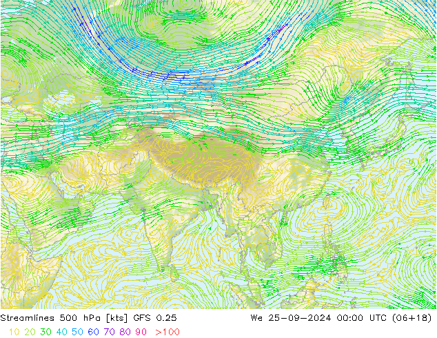 Linia prądu 500 hPa GFS 0.25 śro. 25.09.2024 00 UTC