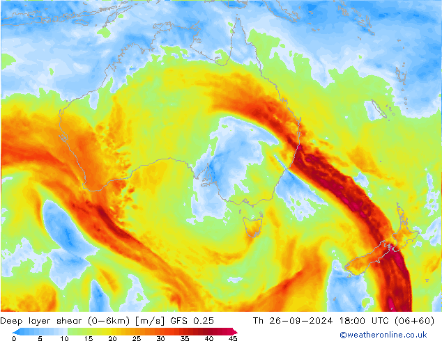 Deep layer shear (0-6km) GFS 0.25 Per 26.09.2024 18 UTC