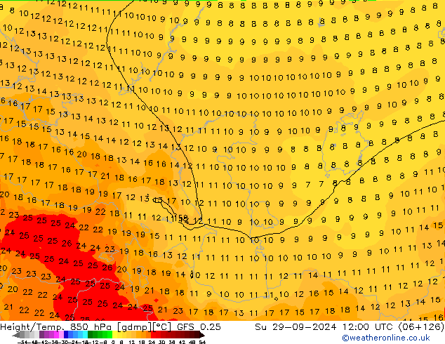 Géop./Temp. 850 hPa GFS 0.25 dim 29.09.2024 12 UTC