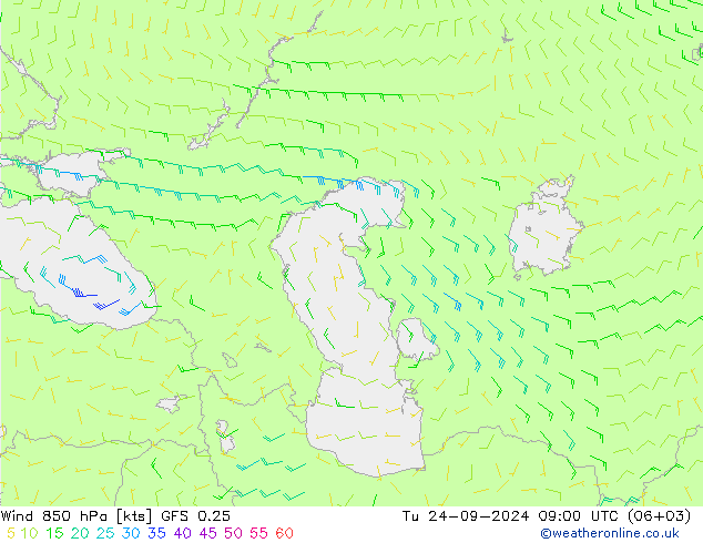 Wind 850 hPa GFS 0.25 Tu 24.09.2024 09 UTC