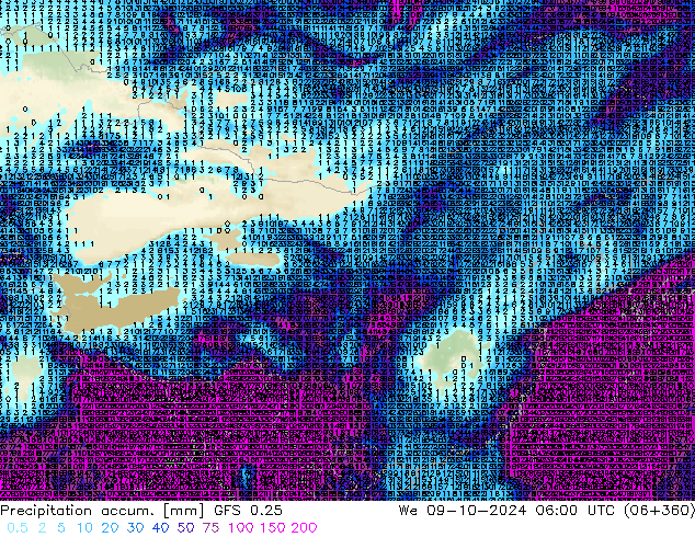 Precipitation accum. GFS 0.25 mer 09.10.2024 06 UTC