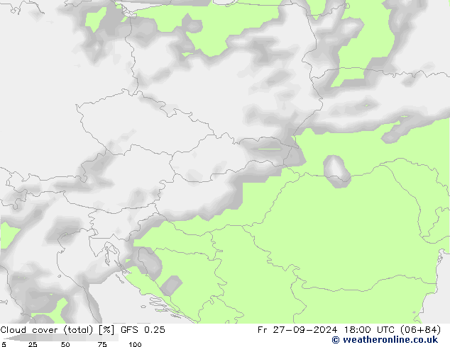 zachmurzenie (suma) GFS 0.25 pt. 27.09.2024 18 UTC