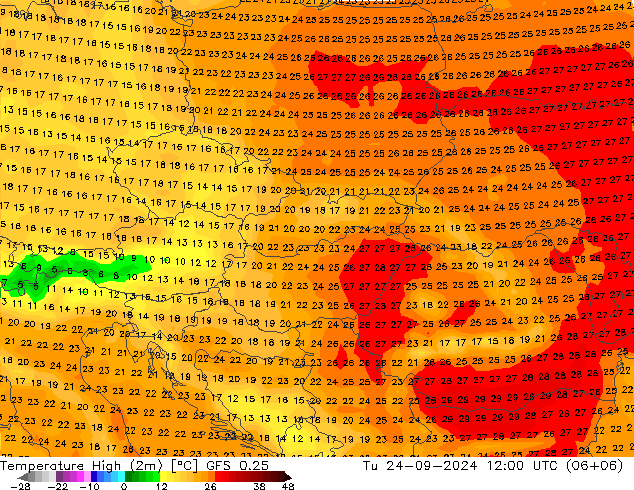 Temperature High (2m) GFS 0.25 Tu 24.09.2024 12 UTC