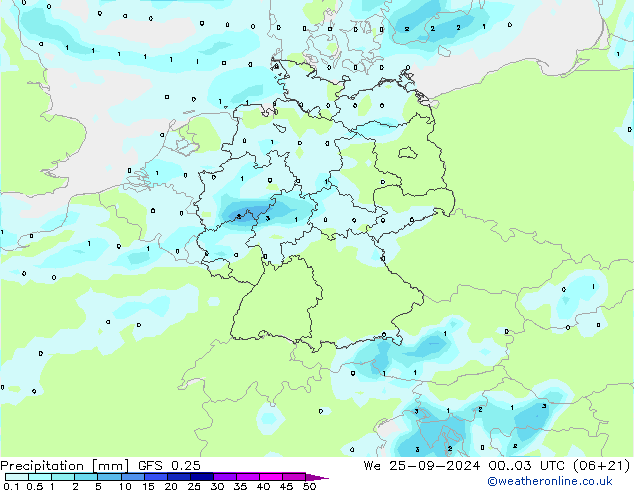 Precipitazione GFS 0.25 mer 25.09.2024 03 UTC