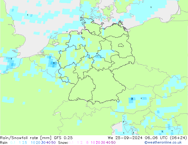 Rain/Snowfall rate GFS 0.25 We 25.09.2024 06 UTC