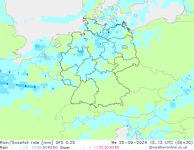 Rain/Snowfall rate GFS 0.25 We 25.09.2024 12 UTC