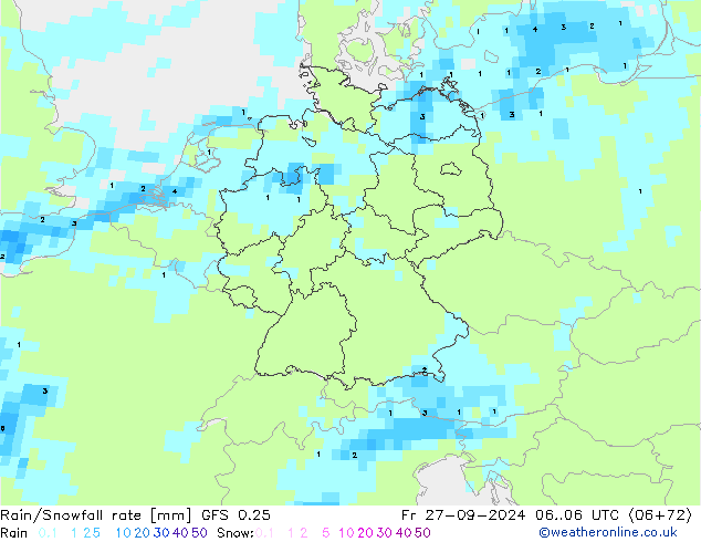 Rain/Snowfall rate GFS 0.25 pt. 27.09.2024 06 UTC