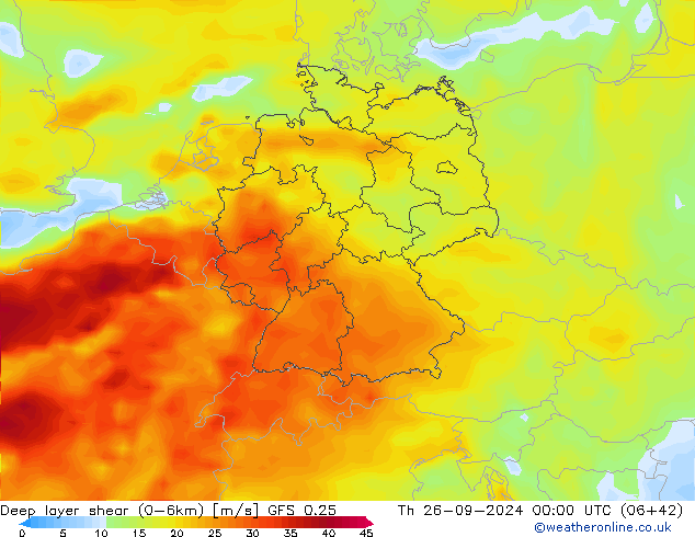 Deep layer shear (0-6km) GFS 0.25 Per 26.09.2024 00 UTC