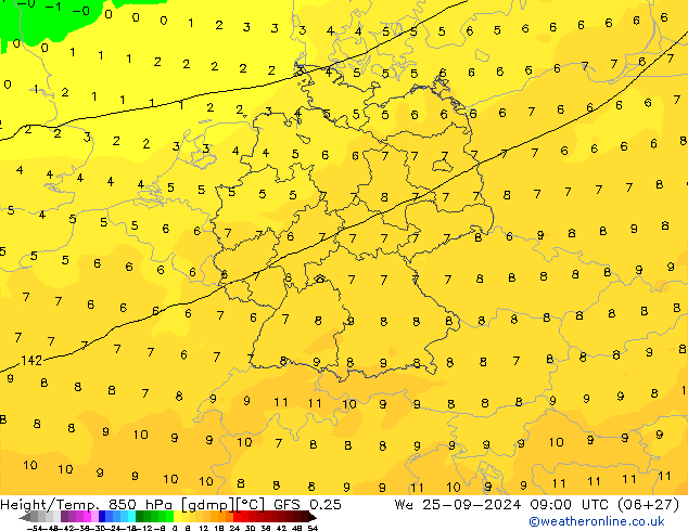 Z500/Rain (+SLP)/Z850 GFS 0.25  25.09.2024 09 UTC