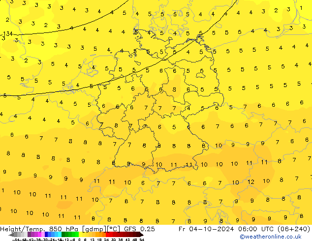 Z500/Rain (+SLP)/Z850 GFS 0.25 Sex 04.10.2024 06 UTC