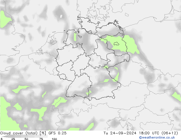 Cloud cover (total) GFS 0.25 Út 24.09.2024 18 UTC