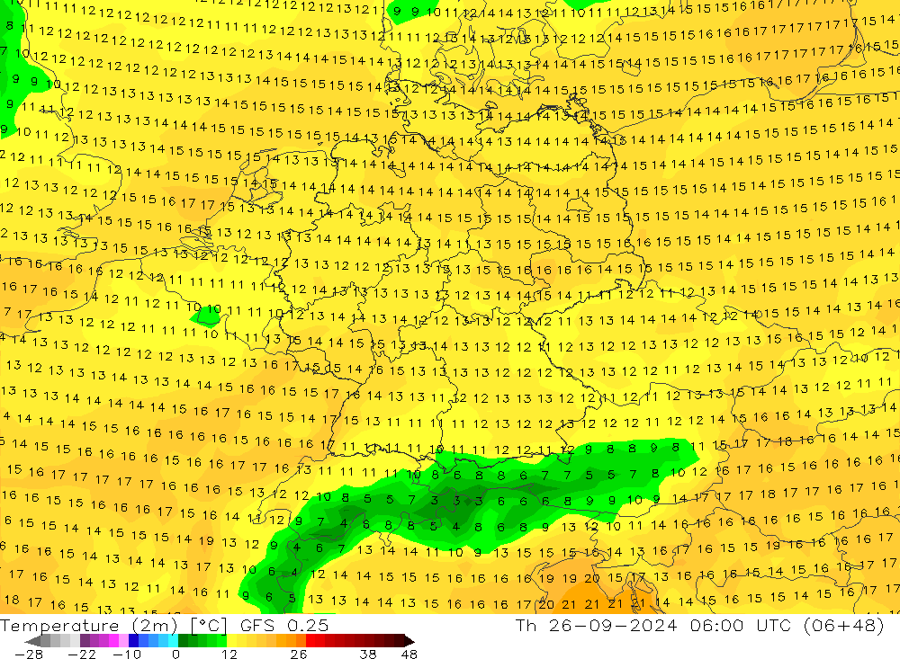 Temperatuurkaart (2m) GFS 0.25 do 26.09.2024 06 UTC