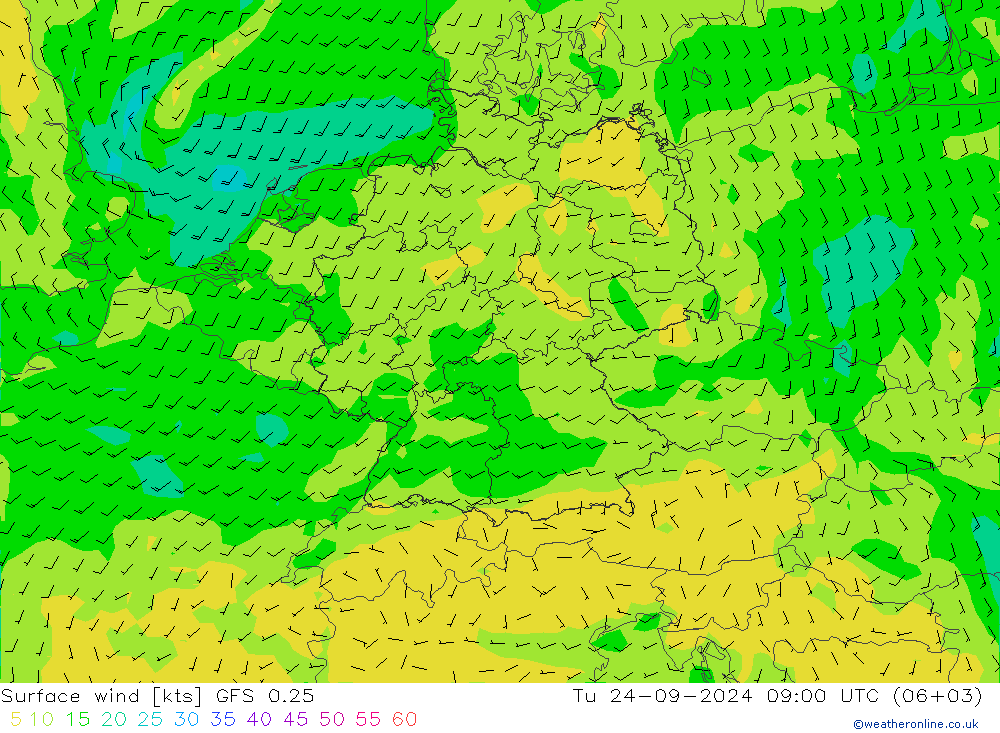 Surface wind GFS 0.25 Út 24.09.2024 09 UTC