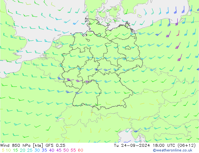 Rüzgar 850 hPa GFS 0.25 Sa 24.09.2024 18 UTC