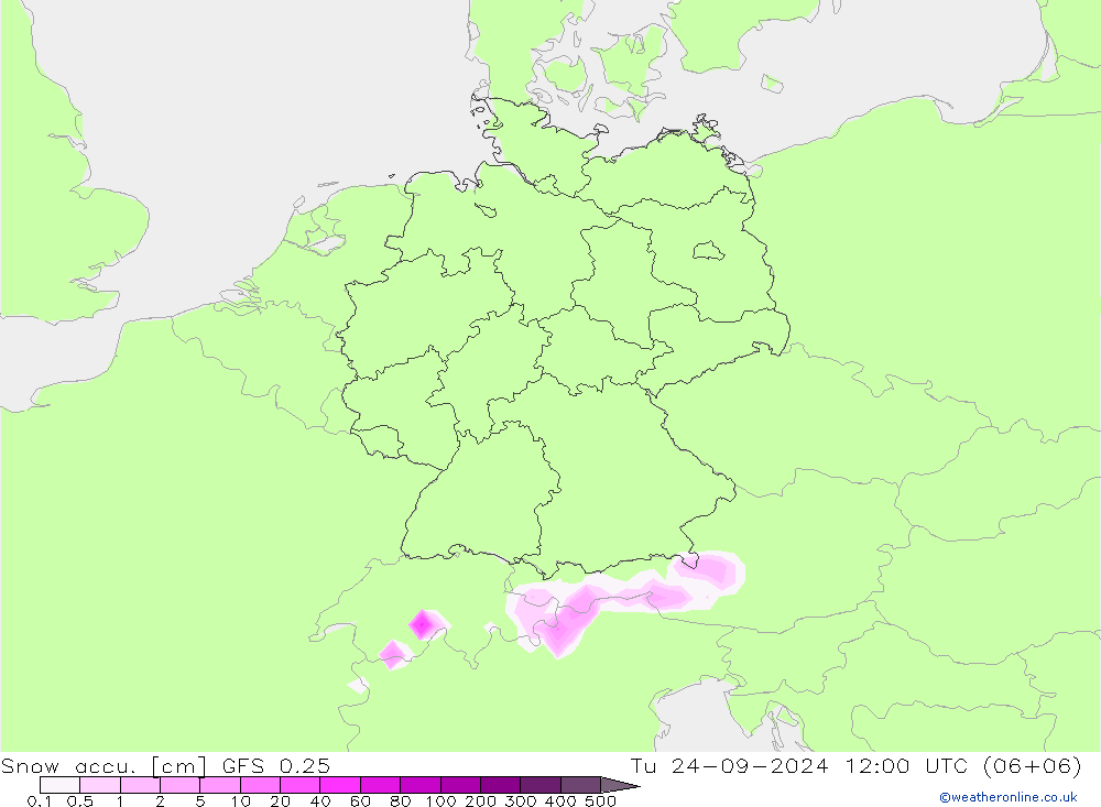 Snow accu. GFS 0.25 Tu 24.09.2024 12 UTC