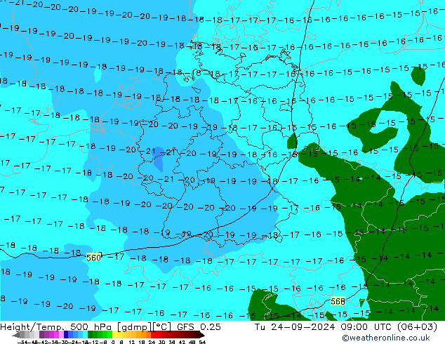 Z500/Yağmur (+YB)/Z850 GFS 0.25 Sa 24.09.2024 09 UTC