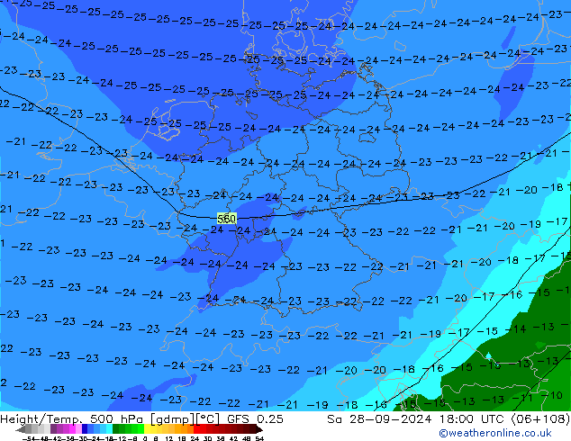 Height/Temp. 500 hPa GFS 0.25 Sa 28.09.2024 18 UTC