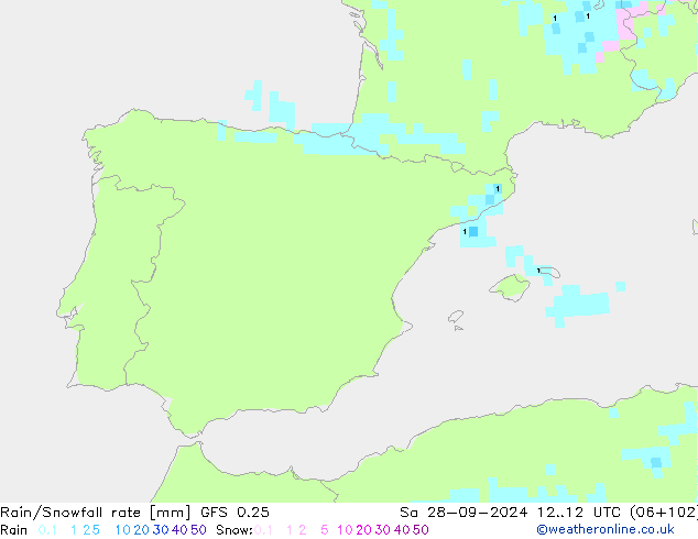 Rain/Snowfall rate GFS 0.25 so. 28.09.2024 12 UTC