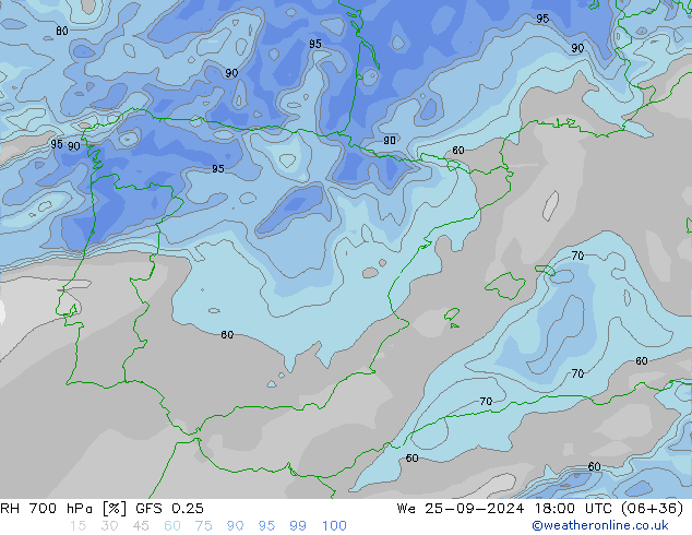 RH 700 hPa GFS 0.25 We 25.09.2024 18 UTC