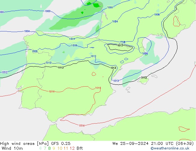 yüksek rüzgarlı alanlar GFS 0.25 Çar 25.09.2024 21 UTC