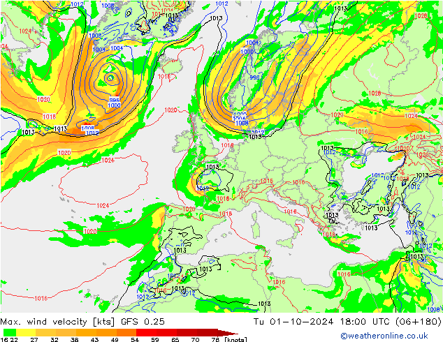 Maks. Rüzgar Hızı GFS 0.25 Sa 01.10.2024 18 UTC