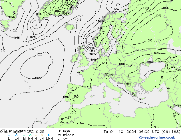 Wolkenschichten GFS 0.25 Di 01.10.2024 06 UTC