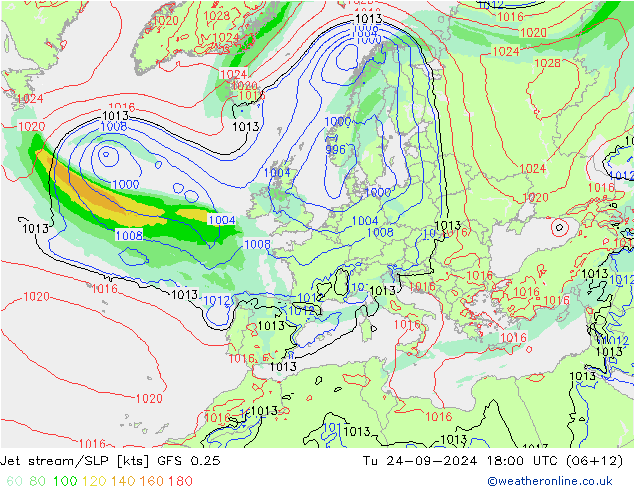 Jet stream/SLP GFS 0.25 Tu 24.09.2024 18 UTC