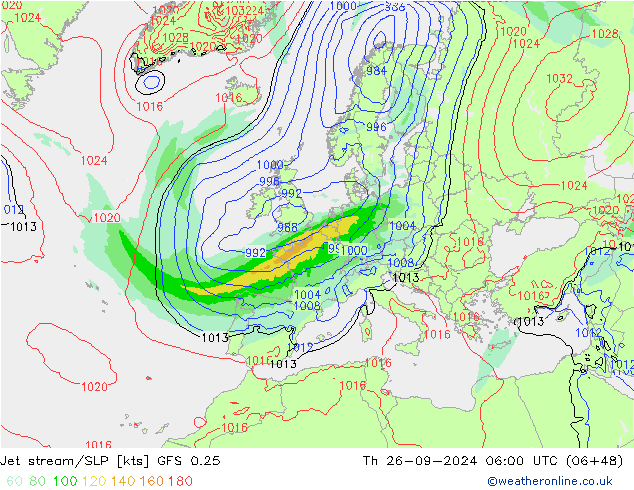 Corriente en chorro GFS 0.25 jue 26.09.2024 06 UTC