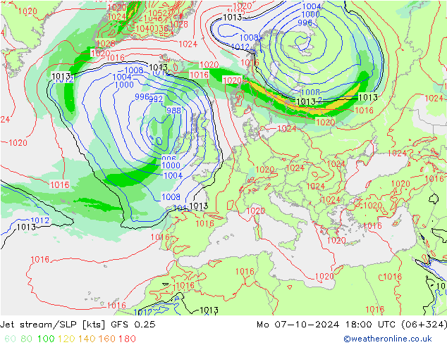 Prąd strumieniowy GFS 0.25 pon. 07.10.2024 18 UTC