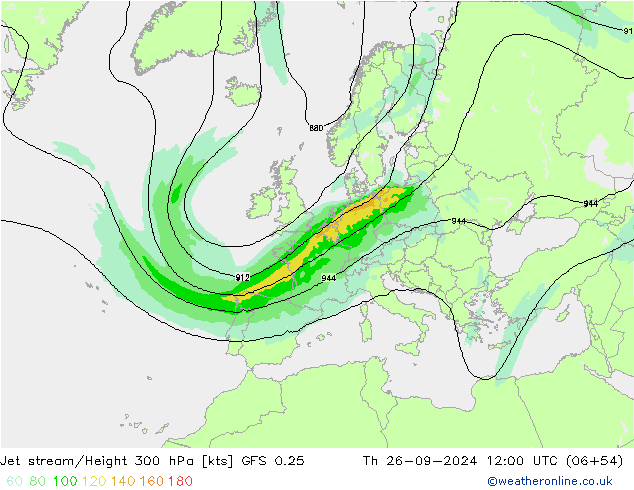 Jet stream/Height 300 hPa GFS 0.25 Čt 26.09.2024 12 UTC