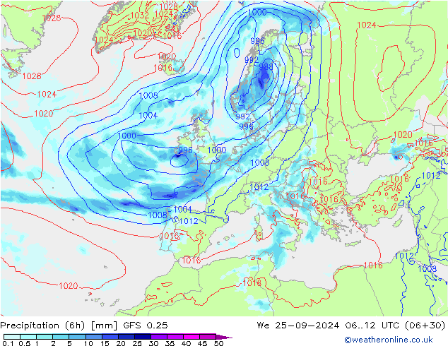 Z500/Rain (+SLP)/Z850 GFS 0.25 mié 25.09.2024 12 UTC