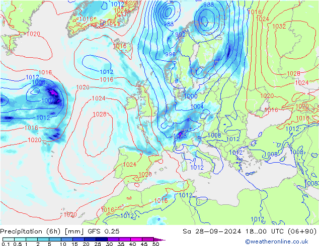 Z500/Rain (+SLP)/Z850 GFS 0.25 Sa 28.09.2024 00 UTC