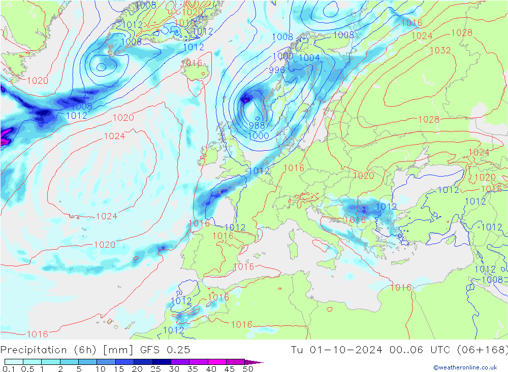 Z500/Rain (+SLP)/Z850 GFS 0.25 mar 01.10.2024 06 UTC